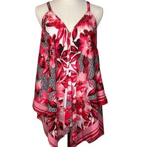 Stunning Floral Flowy Cami Tank Blouse Womens XL Pink Bright Retro Hankerchief